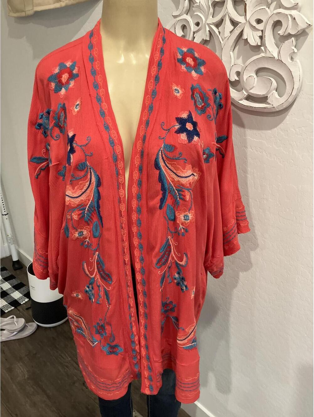 Curations Red Floral Embroidered Kimono Cardigan Size M/L
